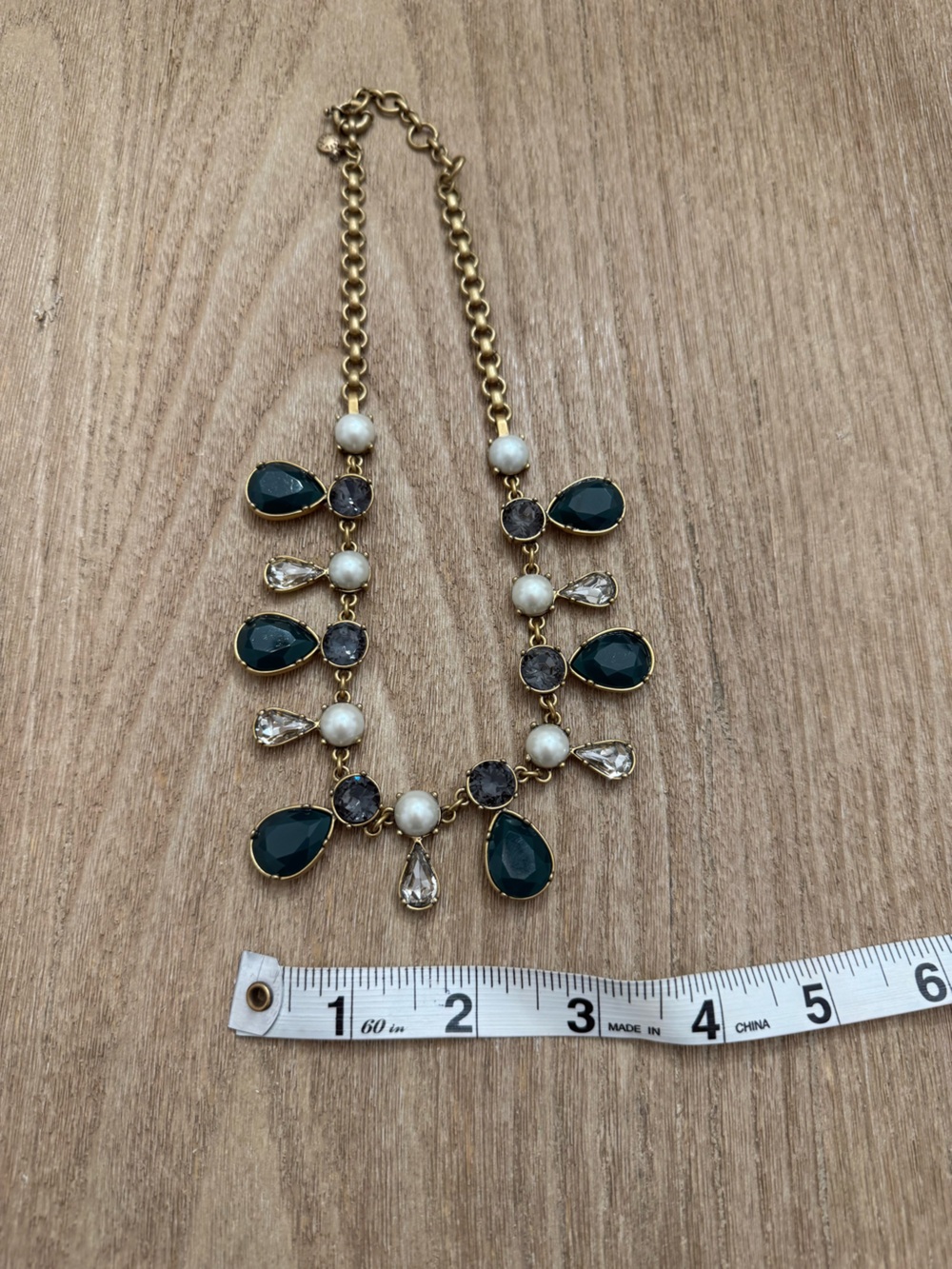 J.Crew Statement Necklace with Dark Green Tear-Drop Stones & Pearls - Picture 6 of 7